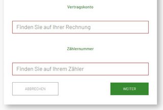 Im nächsten Schritt tragt ihr eure Vertragskontonummer und die Zählernummer ein (steht auf der Rechnung oder der Ableseaufforderung).